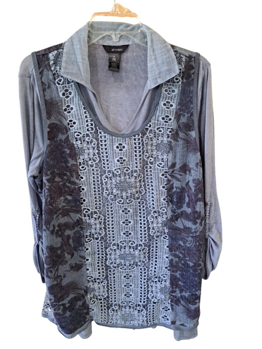 Ali Miles Womens XL Collared Long Sleeve Gray Lace Embroidered Tunic Top Shirt
